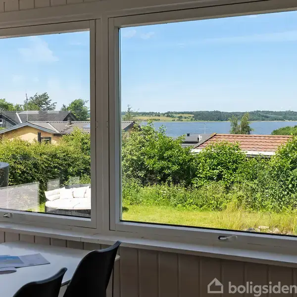 Bord med papirer set gennem store vinduer, der giver udsigt over en frodig have med buske og træer. I baggrunden ses flere huse og en sø under en blå himmel.