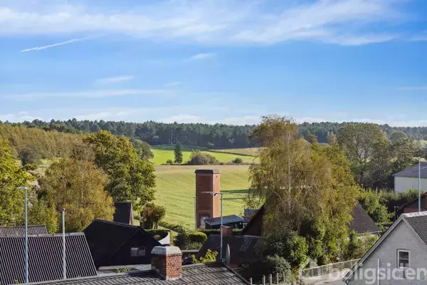 Røde hustage strækker sig over grønne marker med træer i baggrunden under en klar blå himmel.