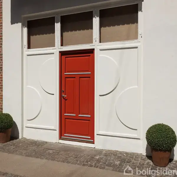 Rød dør indrammet af hvid træværk med cirkulære dekorationer. To grønne planter i krukker står på hver side. Murstensfacade i baggrunden.