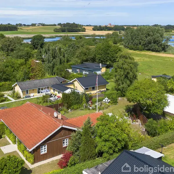 Række af huse med røde og sorte tage set fra oven, omgivet af frodige haver og træer, i en landlig og naturskøn område tæt på en sø eller flod i baggrunden.
