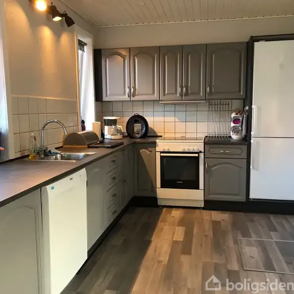 Et køkken med grå skabe, en hvid opvaskemaskine, og en ovn med komfur. Køkkenet er lyst op af vinduer til venstre og har en opretstående køleskab i højre hjørne.