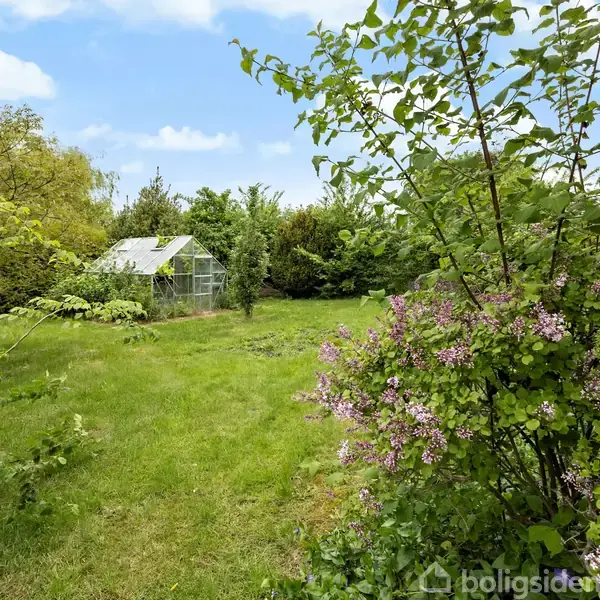 Et drivhus står stille i en frodig have omkranset af grønne træer og buske. Murstensvæg af et hus ses til højre. Himmel med spredte skyer i baggrunden.