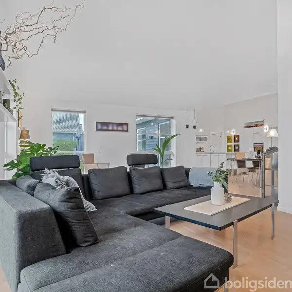 Mørk L-formet sofa står i en lys stue med hvide vægge, tæt på små planter og hylder med dekorationer. I baggrunden ses et åbent køkkenområde med spisebord.