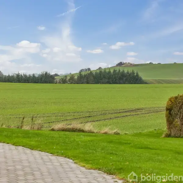 Stengulv med visning af grøn mark under blå, delvist skyet himmel. Græsplæne og busk i forgrunden, træer og bakker i baggrunden. Ingen tekst til stede.