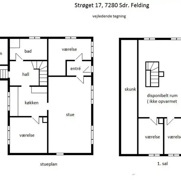 Plantegning viser to etager. Stueplan har køkken, stue, tre værelser, bad, teknikrum, viktualierum, og baggang. Første sal har et disponibelt rum (ikke opvarmet) og to værelser. Adresse: Strøget 17, 7280 Sdr. Felding.