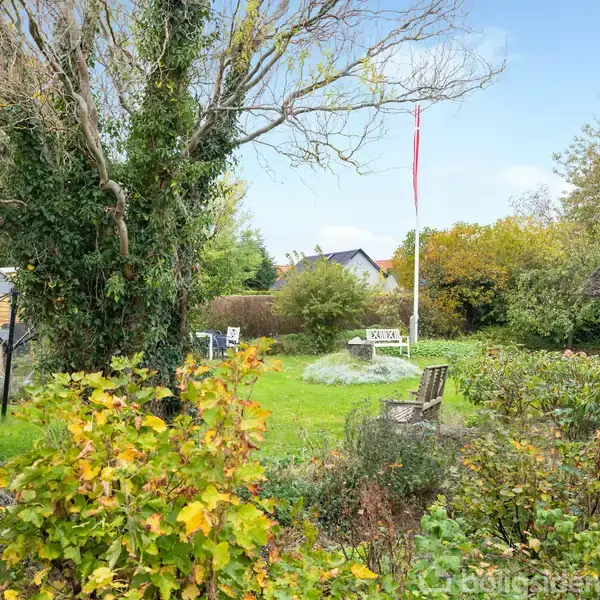 En have med stor træstamme og grene, omgivet af blomsterbede. Et lille skur og drivhus er tilstede, med en flagstang i baggrunden. Malet skilt: "Kildevænget".