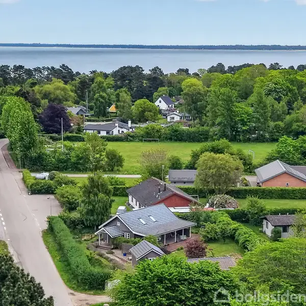 Huse omgivet af frodig vegetation og haver, der strækker sig langs en vej. I baggrunden ses en skov og en rolig vandoverflade, der efterlader et indtryk af et landsby- eller forstadsområde.