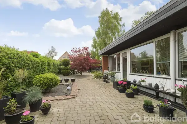 En havegang med stenterrasse, omkranset af potteplanter, buske og et rødt løvtræ. Til højre ses et hus med store vinduer. Skyer pryder en blå himmel.