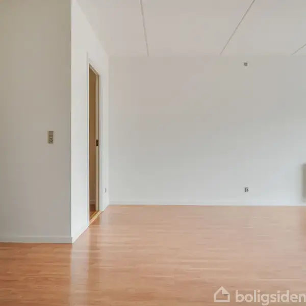 Et tomt rum med lyst trægulv og hvide vægge; en døråbning ses til venstre, et hvidt køleskab står foran, og en radiator er placeret i baggrunden.