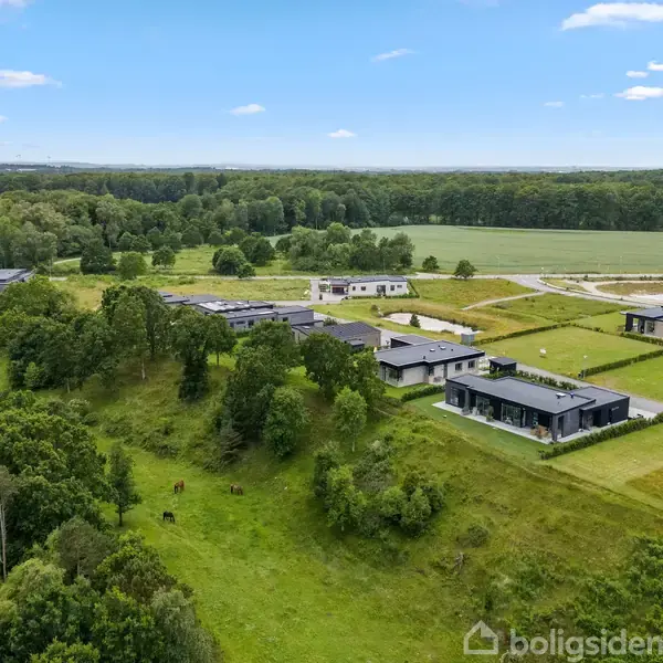 Landsbyhuse står stille omgivet af grønne marker og skove, med en klar blå himmel i baggrunden og veje, der snor sig gennem landskabet.