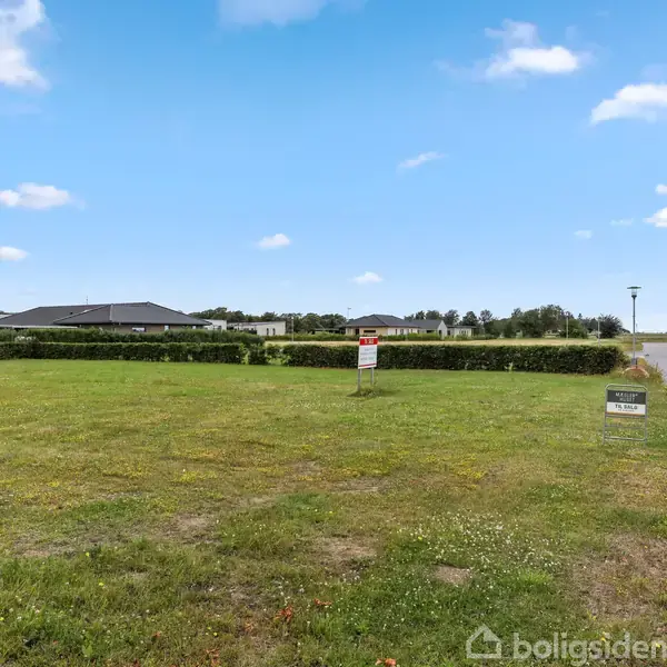En tom byggegrund er til salg og vises med et skilt foran en række huse. Græsset gror vildt, og området er omkranset af lave buske under en klar blå himmel.