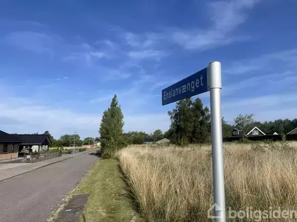 Et vejskilt med teksten "Ensiansvænget" står ved kanten af en stille vej omgivet af huse og højt græs under en klar blå himmel.