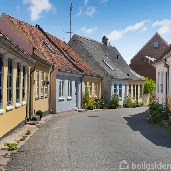 Farverige huse står langs en smal, stille gade med en blå skyfri himmel som baggrund. Husene er små med klassiske skråtag og varierede facader i gule og grå nuancer.