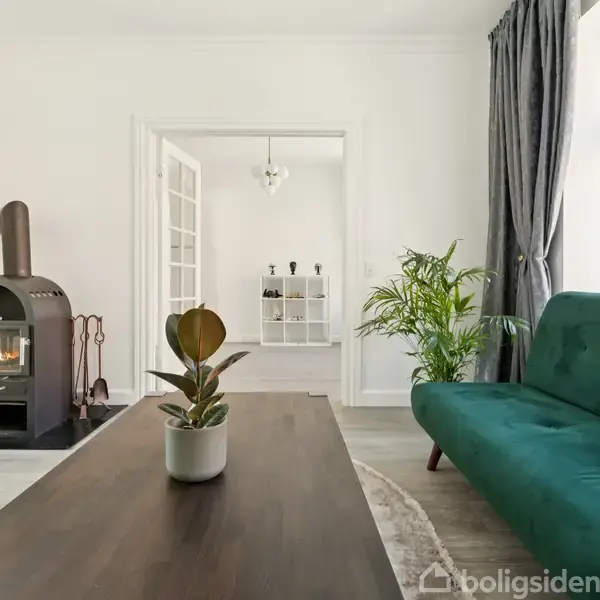 Brændeovn står tændt i et stuelignende rum. Foran er der et træbord med en plante, en grøn sofa og store vinduer med gardiner. I baggrunden ses en åben dør og hylder.