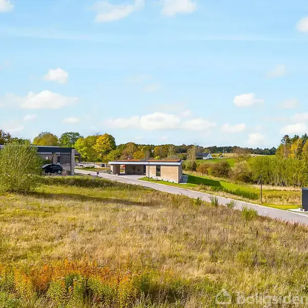 Flade, moderne huse står langs en stille vej omgivet af åbent, grønt område med træer i efterårsfarver under en blå, skyet himmel.