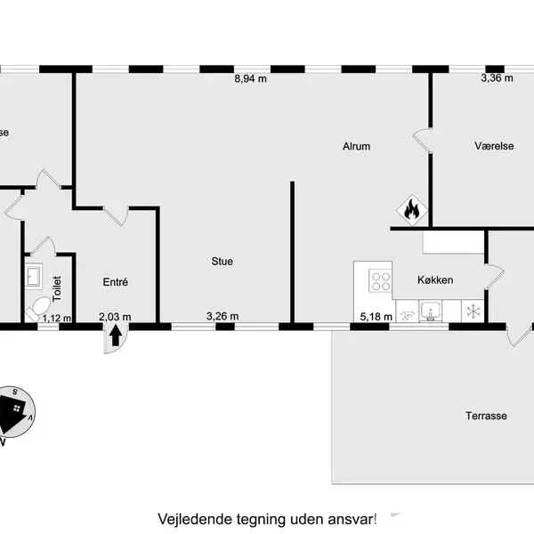 Plantegning af hus viser værelser, stue, køkken, toilet, bad og bryggers. Indikator for nord, mål i meter. Tekst: "Vejledende tegning uden ansvar!". Terrasse ved siden af køkken.