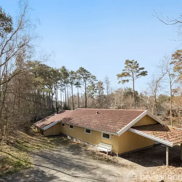 Hus med gul facade og rødt tag står omgivet af høje træer i en skovklaring. Gruset indkørsel fører op til huset. Sollys filtrerer gennem trækronerne.