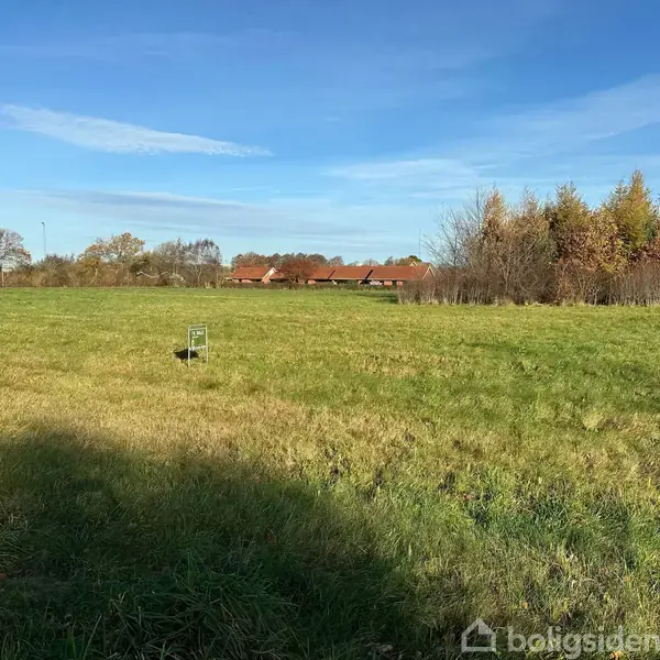 En metalstol står stille på en stor, grøn græsmark. I baggrunden ses et skovbevokset område og nogle huse med røde tage under en blå himmel. Ingen tekst fundet.