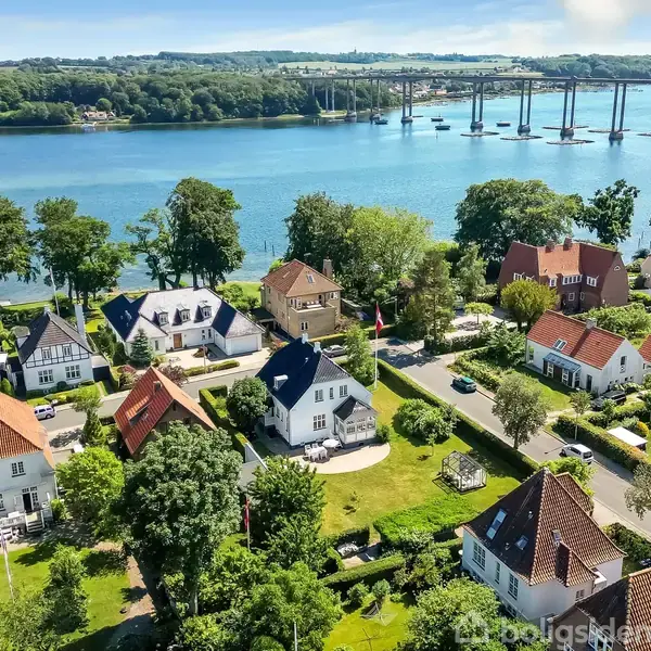Huse med røde og blå tage står stille langs en vej i et frodigt boligkvarter nær en bred flod med en bro i baggrunden.