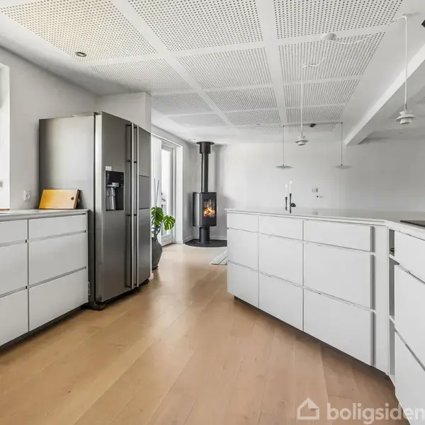 Køleskab står i moderne køkken med hvide skabe, trægulv og loftslamper. En brændeovn er tændt ved væggen i baggrunden. Grøn planter på bordplade ved vask under vindue.