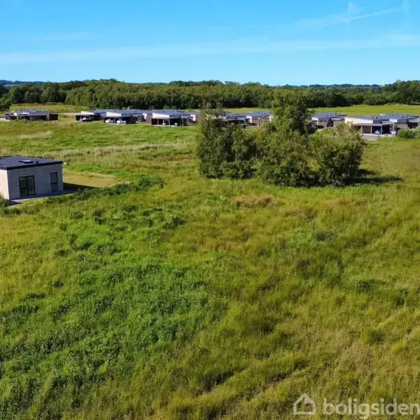 Grønt græsareal omgiver små moderne huse, mens en gruppe træer står i midten. I baggrunden ses flere huse og en skov under en klar blå himmel. Tekst: "boligsiden".