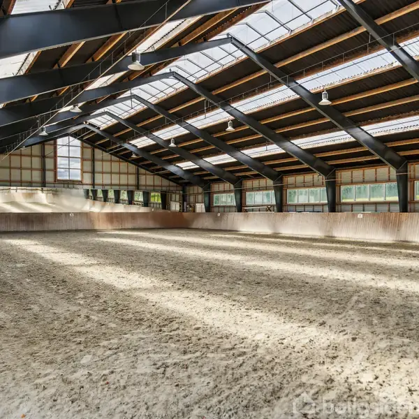 En stor indendørs ridehal med sandbelagt gulv, hvor lysstråler passerer gennem ovenlysvinduerne i det buede, metal-bjælkevægte loft. Væggene har vinduer, der tillader naturligt lysindfald.