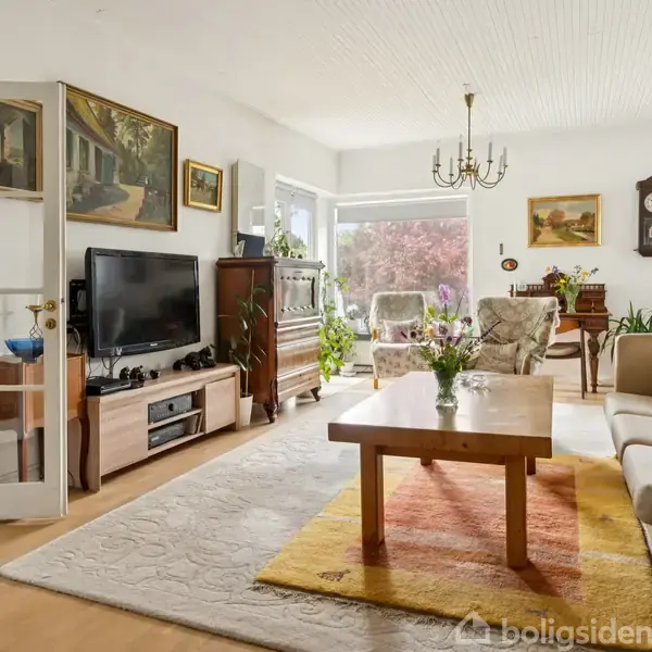Stue med sofa og sofabord placeret på et farverigt tæppe. Fjernsyn mod væggen, omgivet af malerier. Store vinduer bringer lys ind i det hyggelige miljø.