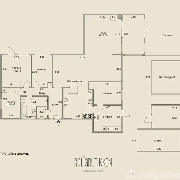 Plantegning viser en bolig med flere værelser, badeværelser, gang, køkken/alrum, bryggers, stue, garage, carport, og en terrasse med swimmingpool. Tekst: "Vejledende tegning uden ansvar. Boligbutikken." Kompas i øverste højre hjørne.