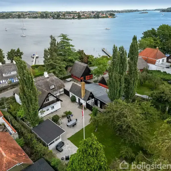 En klynge af charmerende huse med stråtækte tage omgivet af høje træer, beliggende nær en sø med sejlbåde, danner et naturskønt og fredfyldt boligområde.