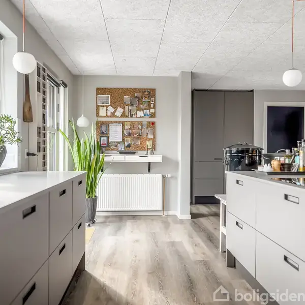 Moderne køkken med grå skabsøer og store vinduer, der slipper lys ind. En grøn plante står ved en opslagstavle. Køkkenet har lyse trægulve og moderne belysning.