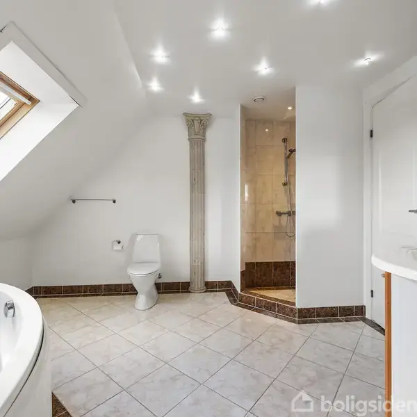 Badeværelse med toilet og jacuzzi, beliggende i et rum med loftvindue, indbygget brusekabine og søjle i hjørnet. Det er lyst og rummeligt med hvide vægge og flisegulv.