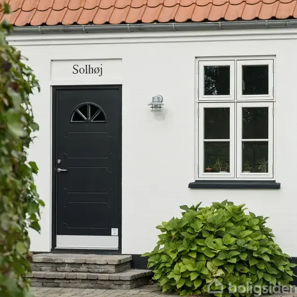 En sort dør med teksten "Solhøj" over den. Til højre er et vindue med fire ruder. Foran vokser en grøn busk og en mur er hvid.