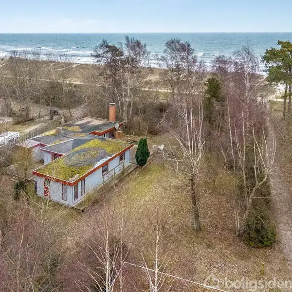 Et hus med mos på taget står stille blandt træer nær kysten. I baggrunden ses havet og en sti fører gennem skoven.