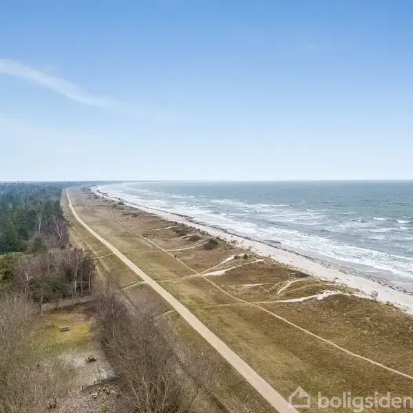 Kystlinje strækker sig langs havet, med en lang vej omgivet af græsarealer. Til venstre findes en skov, mens bølgerne ruller ind mod stranden til højre.