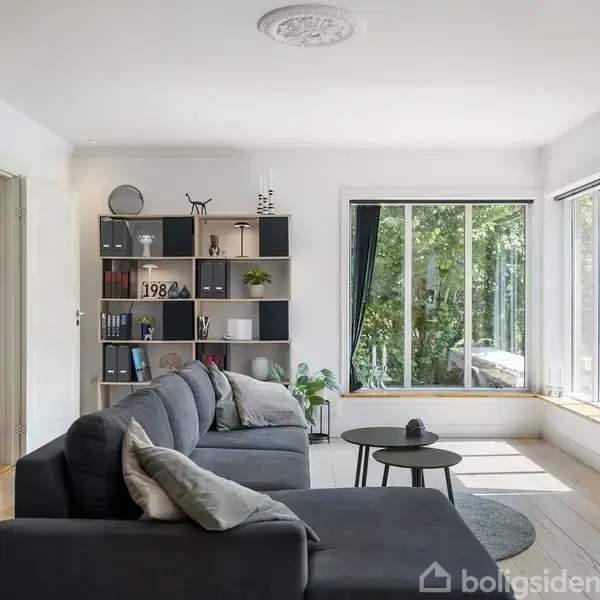 Grå sofa står i en lys stue ved store vinduer. På væggen hænger et hjortegevir. Reol med dekorationer står i baggrunden. Trægulv og grønne planter tilføjer varme.
