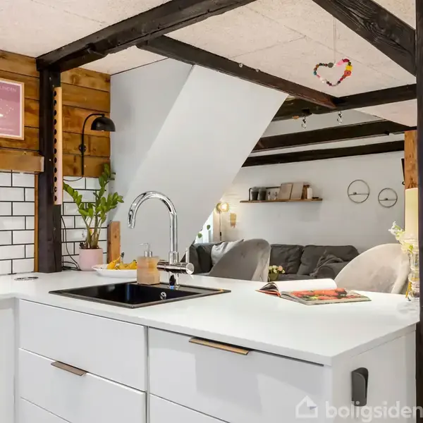 En moderne køkkenø med vask står i forgrunden. Bagved ses en stue med grå sofaer, under et loft med synlige træbjælker. Dekorationer og planter pryder væggene.