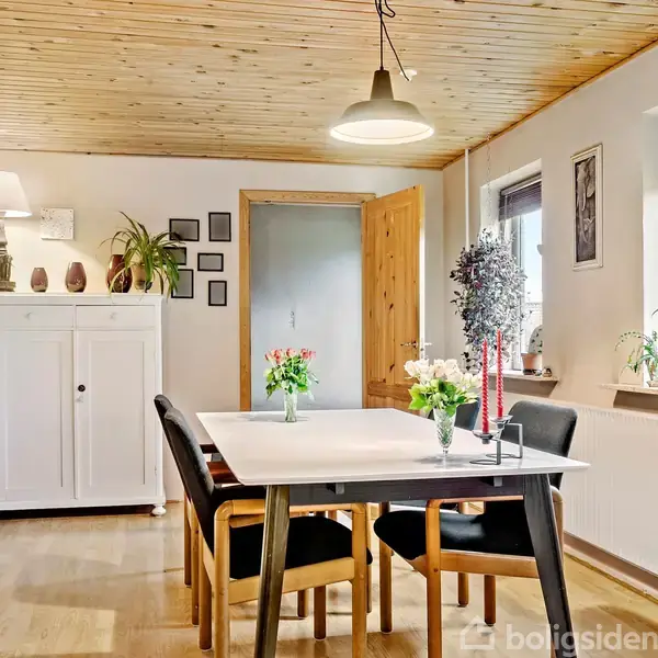Et spisebord med sorte stole står midt i et lyst rum. Blomster dekorerer bordet. Rummet har trægulv, hvide vægge, og planter på vindueskarmen. Lampen hænger ned fra loftet.