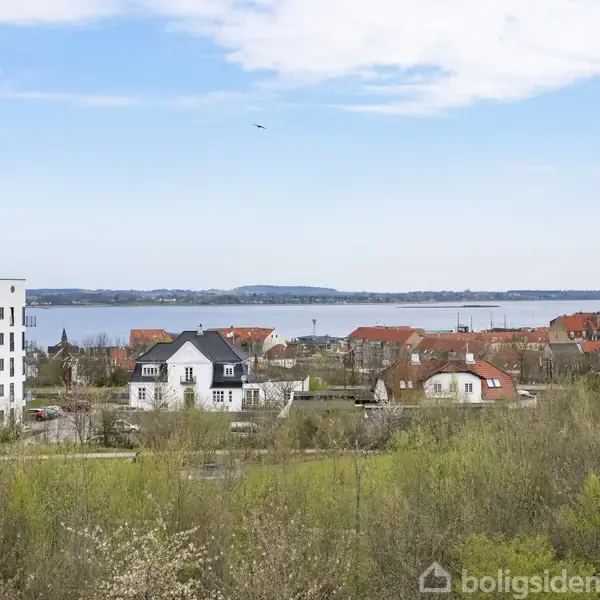 Bygninger står stille i et boligområde tæt ved vandet. En moderne lejlighedskompleks ses til venstre, omgivet af træer og huse med røde tage under en klar, blå himmel.