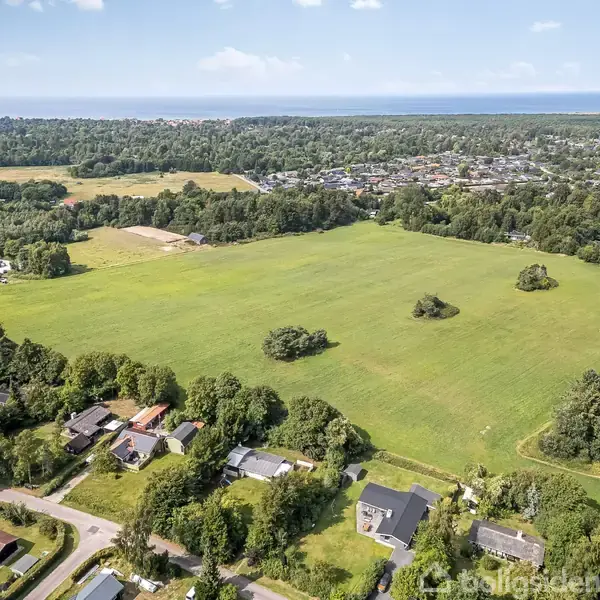 Luftfoto viser et stort, åbent grønt markområde med spredte træer, omgivet af tæt bebygget område og skov i baggrunden. Residensielle huse ses langs markens kant.