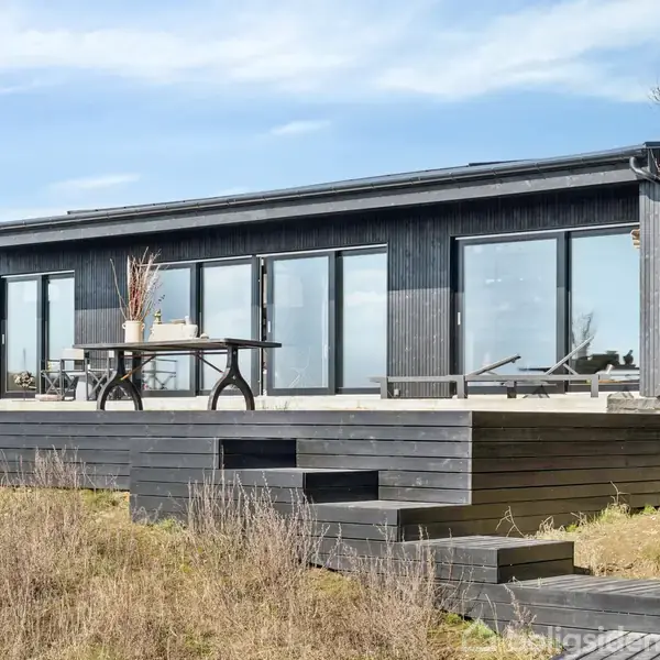 Sort, moderne sommerhus med store vinduer står på en hævet terrasse i et åbent, naturligt landskab. En udendørs bruser ses til højre. Tørt græs omgiver området.