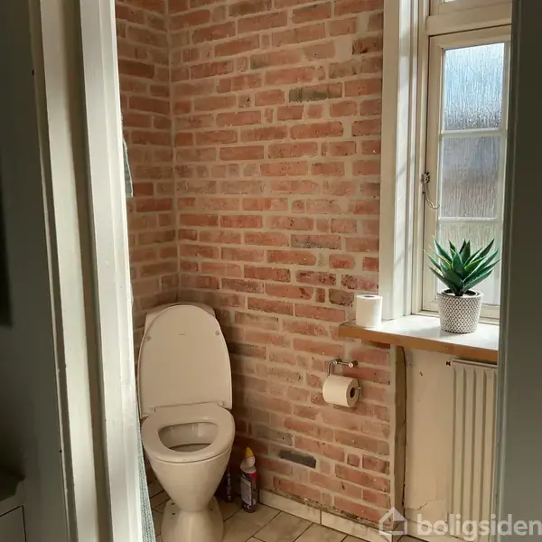 Toilet placeret i et rum med murstensvægge, står ved siden af et vindue. En plante og en toiletrulle står på en træhylde.