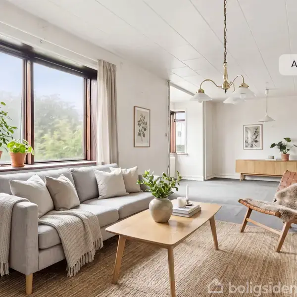 Stue med grå sofa fyldt med puder, stående ved siden af store vinduer med udsigt til natur. Et sofabord med dekoration og tæppe ligger på gulvet. Tekst: "AI visualisering".