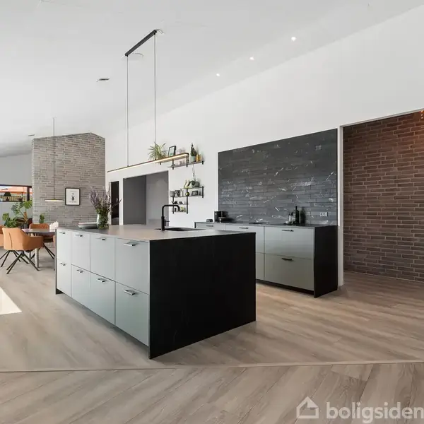 Køkkenø i moderne køkken, omgivet af hvide vægge og trægulv, med hængende grønne planter. Til venstre spiseområde med spisebord og stole. I baggrunden ses en sofa.