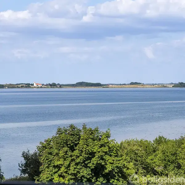 Vand strækker sig roligt mod horisonten i en bred bugt, omgivet af grønne træer i forgrunden og spredte skyer på himlen.