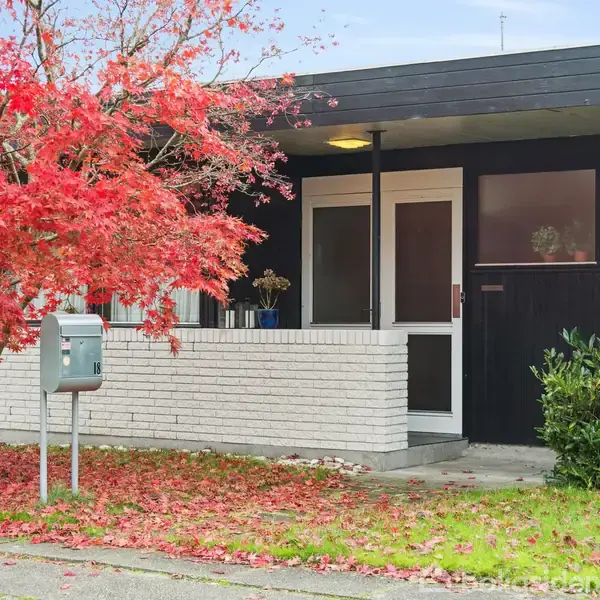 Et sort og hvidt hus med flad tag med en stor rødbladet busk ved siden af. Foran ses en postkasse ved vejen. Græs og nedfaldne blade dækker jorden.