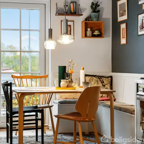 Et spisebord med tre stole står i en hyggelig spisestue. Vinduer med udsigt til træer og bygninger. Vægge dekoreret med billeder og hylder sammen med planter.