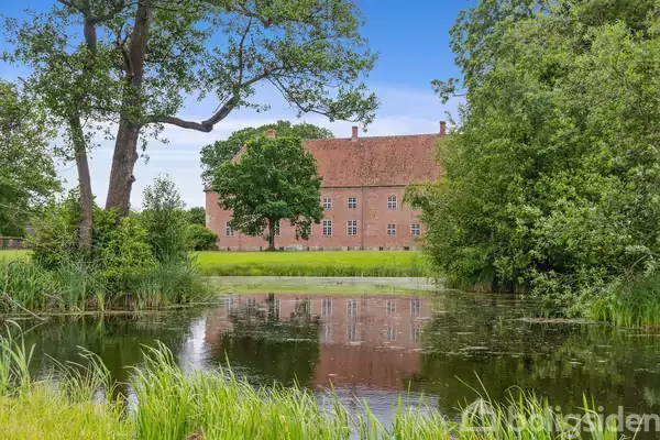 En gammel bygning spejler sig i en stille dam omgivet af frodig vegetation og græs. Himmelen er blå, og to træer rammer scenen på begge sider.