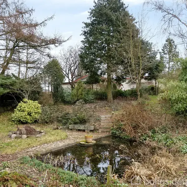 En have med en lille dam og springvand omgivet af grønt løv og træer. En stenbelagt sti fører op til et område med blandet vegetation i baggrunden.