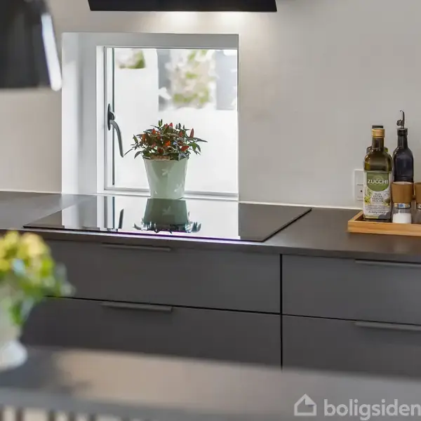 En potteskjuler med en rød blomstrende plante står på en glaskeramisk kogeplade. Ved siden af er der en træbakke med olier og eddiker og nogle skærebrædder mod en hvid væg.