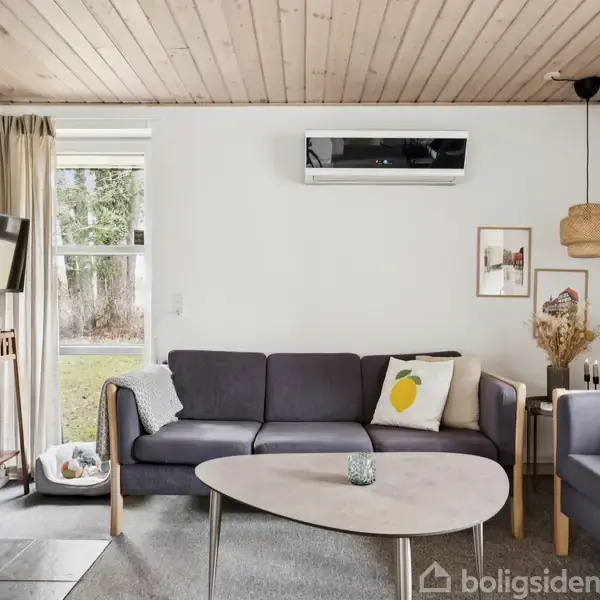 Stue med to sofaer omkring et ovalt sofabord. En brændeovn til venstre brænder, og der hænger en aircondition på væggen. Vindue og gardiner viser udsigt til en have.